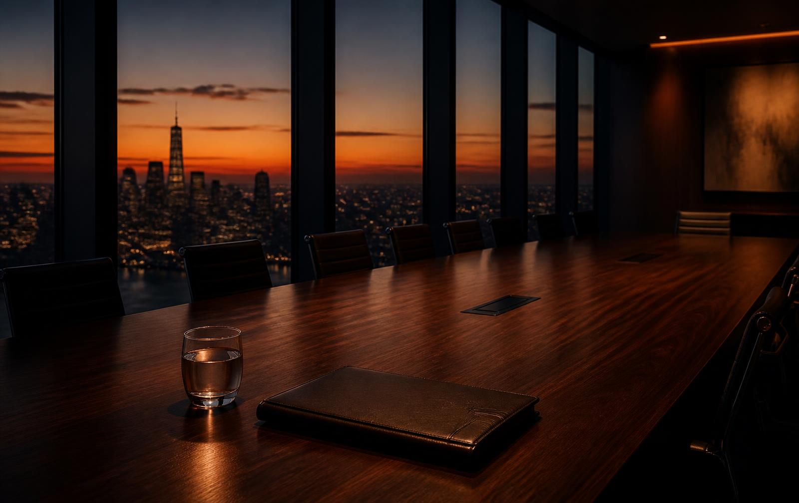 An empty boardroom table at dusk with a city skyline beyond the windows